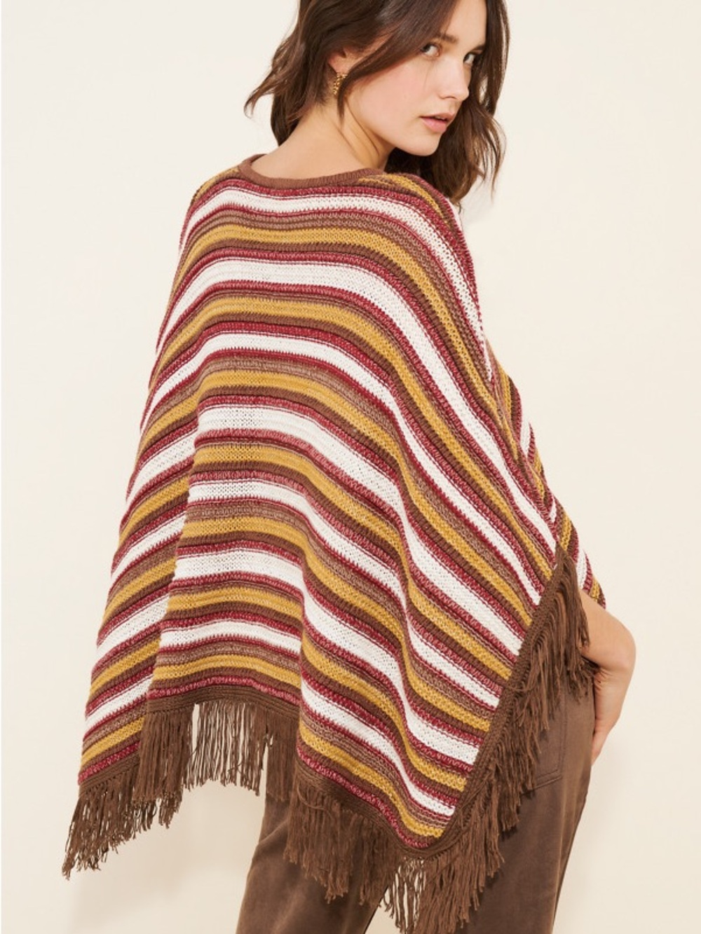 Fringed Striped Poncho Sweater in Brown, Mustard & White - Picture 2 of 3
